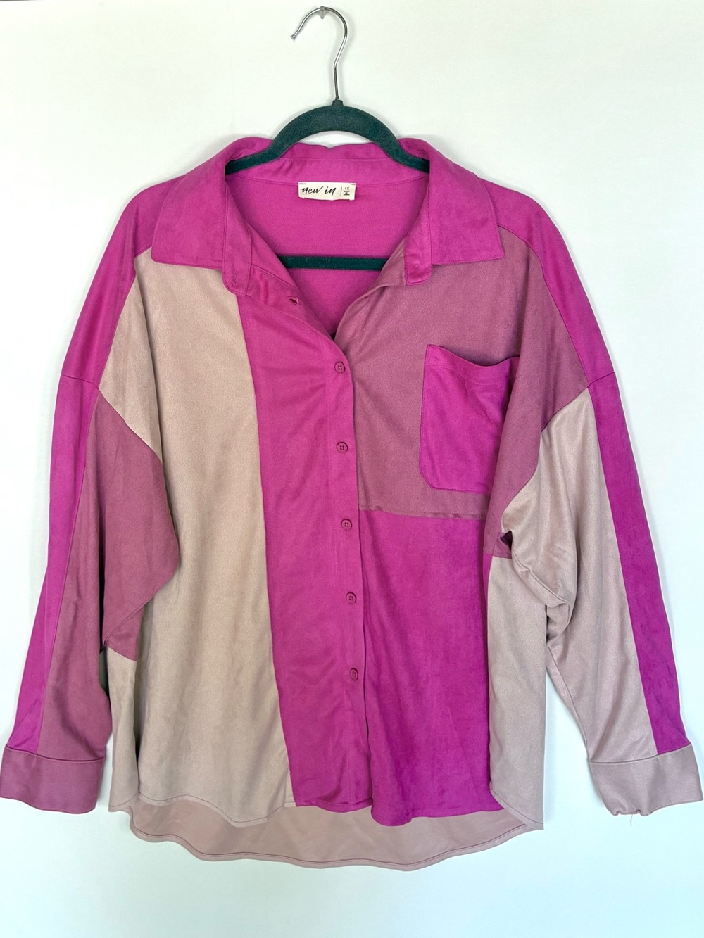New In! 1X Pink Colorblock Faux Suede Oversized Button Down Shirt